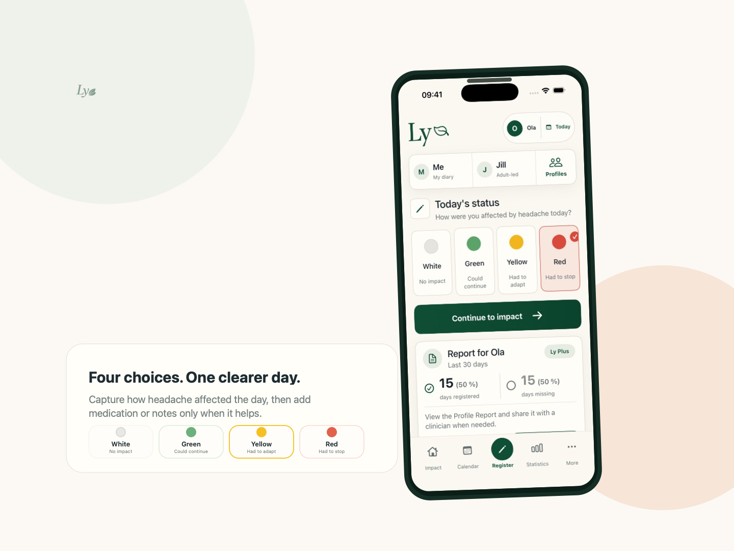Ly app preview showing day status choices and migraine tracking check-in